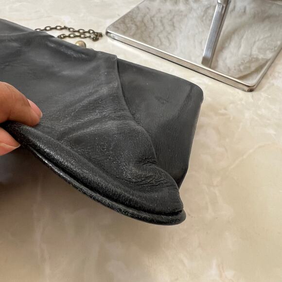 Vintage Black Leather Brass Hardware Wallet on a Chain Evening Clutch Bag - Picture 5 of 12